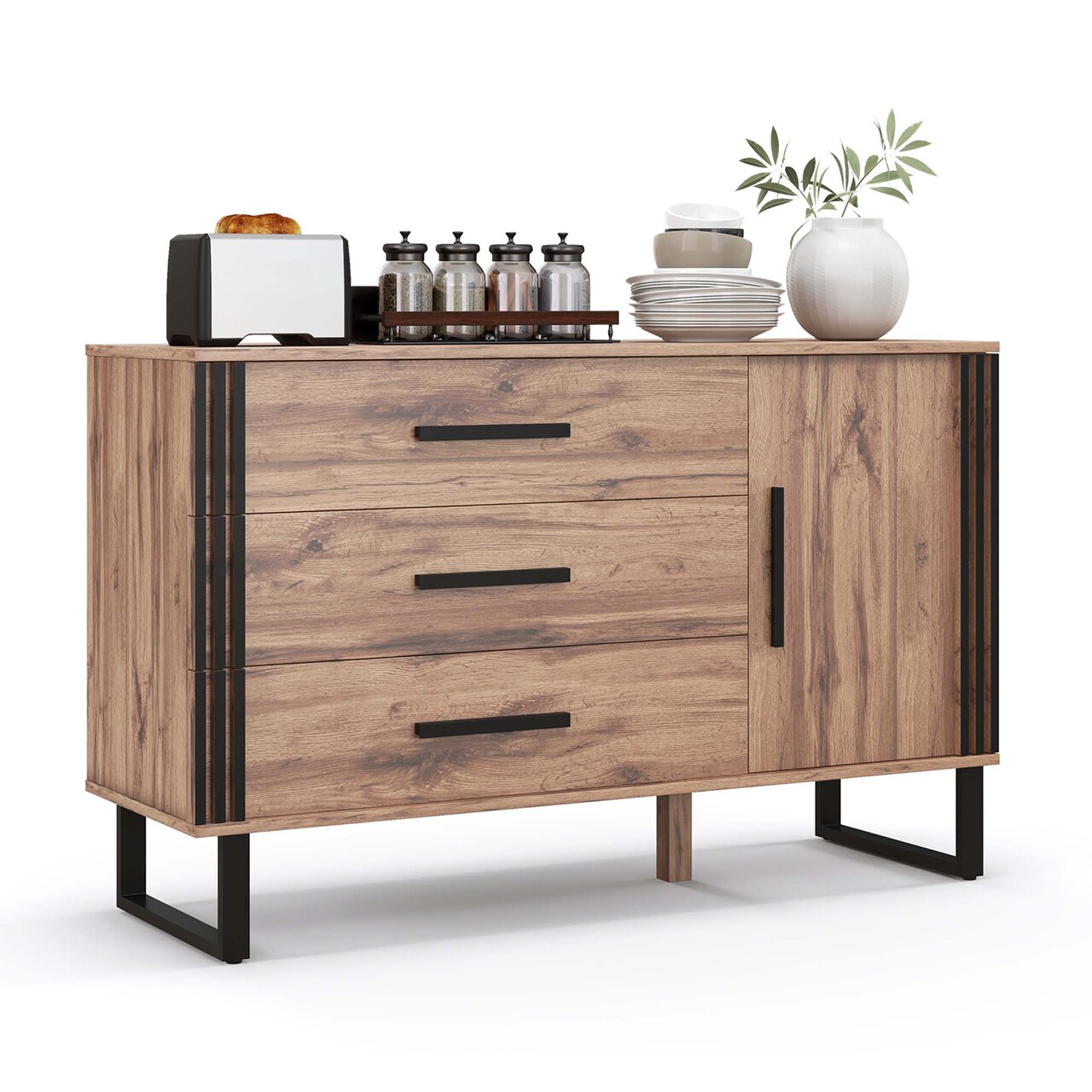 Costway Vintage Accent Cabinet Sideboard Cabinet with 3 Drawers, 1 Door, 1 Adjustable Shelf Rustic Brown